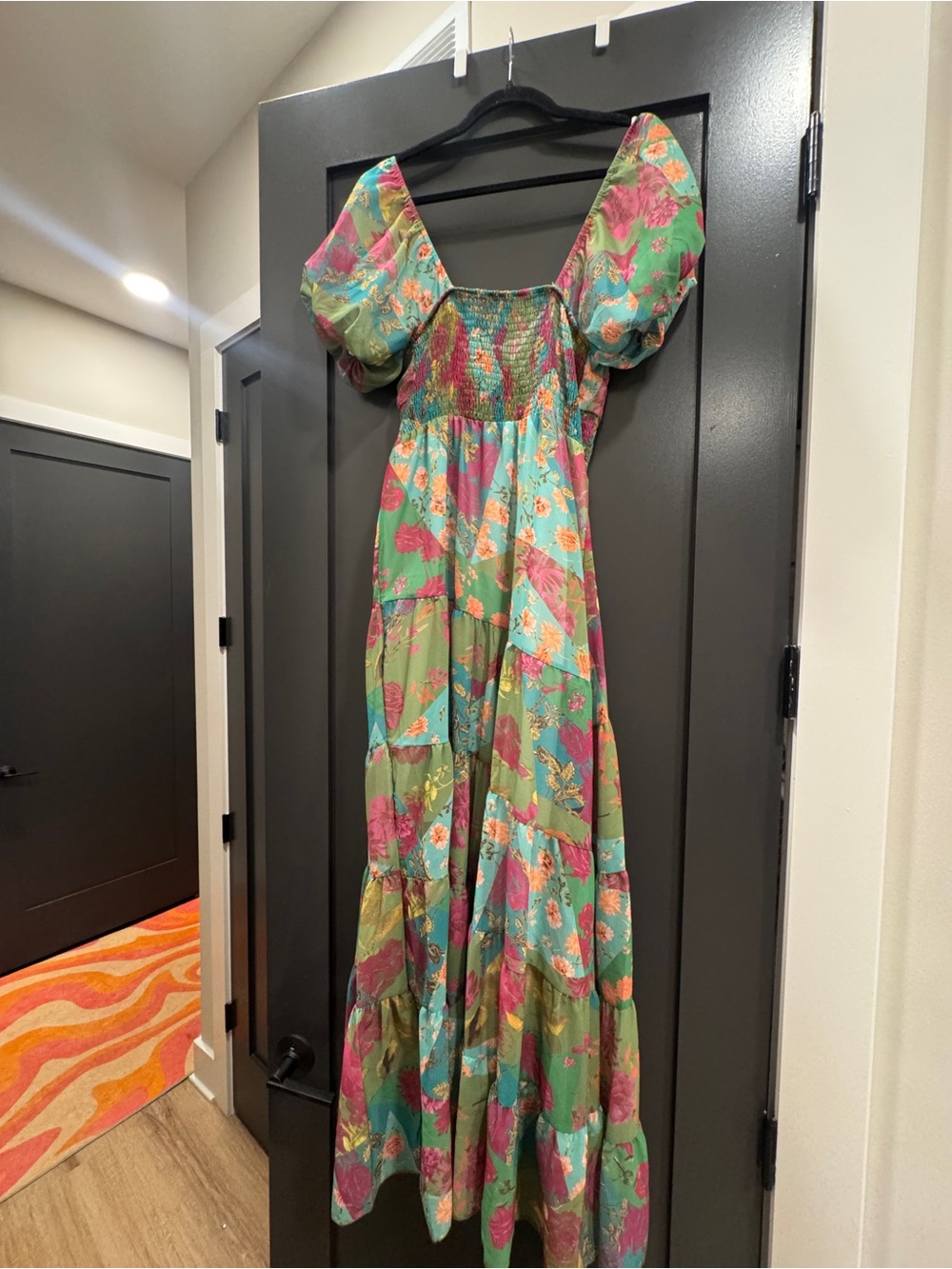 Floral Puff Sleeve Tiered Maxi Dress - Green & Pink - Picture 4 of 4